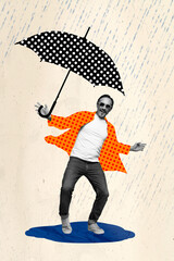 Collage 3d image of pinup pop retro sketch of cool excited mature senior guy walking enjoying rainy...