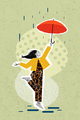 Exclusive magazine sketch image of funny funky happy lady enjoying walking rainy weather isolated...