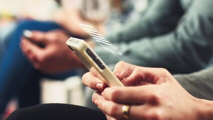 Phone, hands and typing with people, hologram and animation of messages in advertising campaign. Smartphone, writing and chat on app, web or social media in 3D marketing for tech company