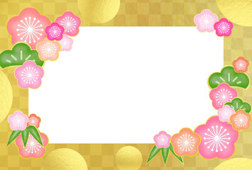 年賀状 市松模様と梅の花 フレーム 金色 結婚 寿