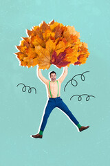 Creative photo 3d collage poster postcard artwork of happy young man hold big bunch dry leaves isolated on drawing background