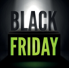 Black friday modern 3d inscription on podium spotlights with green neon for seasonal clearance promo poster. Discount offer square vector banner template. Year biggest sale, traditional shopping event