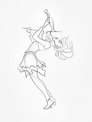 A girl playing violin and dancing at the same time is drawn in one line art style. Printable art.
