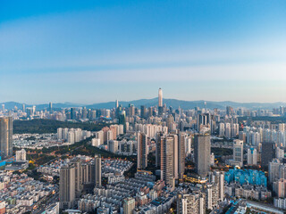Fototapeta premium Meilin Reservoir and Futian City Skyline in Shenzhen, Guangdong, China
