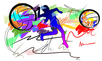woman volleyball hit ball action sport art and brush strokes