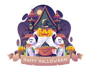 People in ghost costumes and pumpkin heads with buckets full of candy are celebrating Halloween night in a front old castle. Vector illustration in flat style