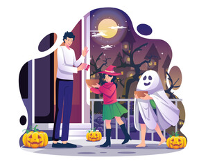 Trick or treat illustration concept. A man is giving candy to happy two children in Halloween costumes on Halloween night. Vector illustration in flat style