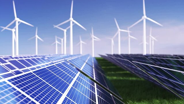 wind power station and solar power station on meadow 3d rendered