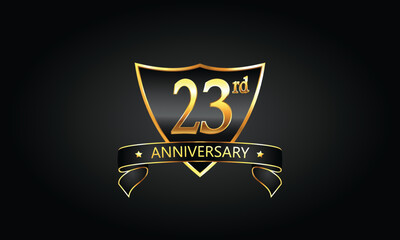 23 year anniversary logo with golden shield and ribbon. Dark concept anniversary. 23rd Anniversary celebration background. twenty-third anniversary banner vector