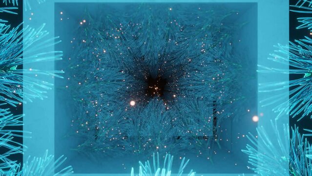 camera flight through a tunnel of frosted spruce branches. christmas background concept. 3d render