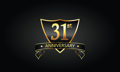 31 year anniversary logo with golden shield and ribbon. Dark concept anniversary. 31st Anniversary celebration background. thirty-first anniversary banner vector