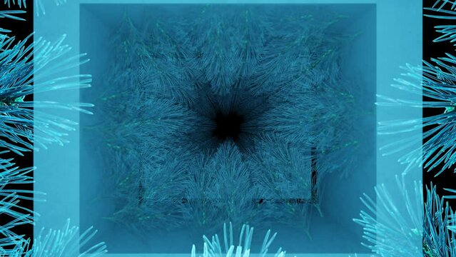 camera flight through a tunnel of frosted spruce branches. christmas background concept. 3d render