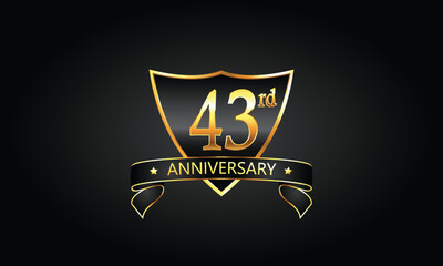43 year anniversary logo with golden shield and ribbon. Dark concept anniversary. 43rd Anniversary celebration background. Forty-third anniversary banner vector
