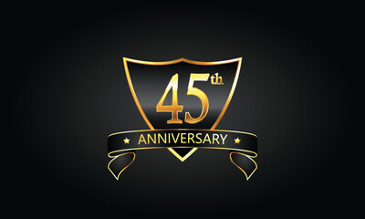 45 year anniversary logo with golden shield and ribbon. Dark concept anniversary. 45th Anniversary celebration background. forty-fifth anniversary banner vector