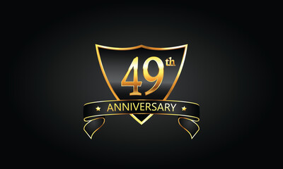 49 year anniversary logo with golden shield and ribbon. Dark concept anniversary. 49th Anniversary celebration background. forty-nine anniversary banner vector