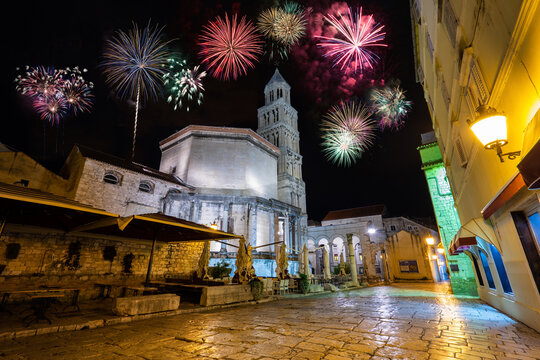 Old town square with fireworks at Diocletian's Palace in Split. Croatia