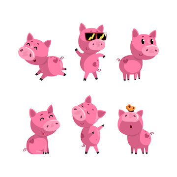 Set of cute pink pigs in various poses. Funny farm baby animals cartoon characters vector illustration