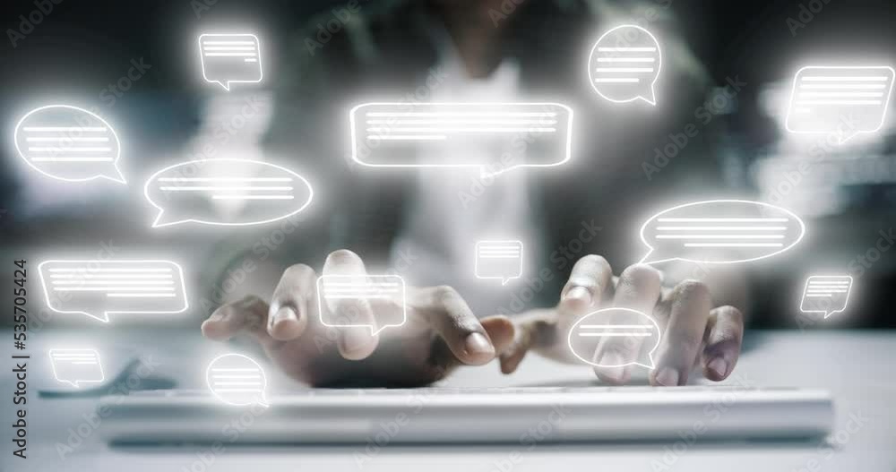 Poster Computer hands, futuristic innovation or 3d hologram software in night office for social media app, contact us or augmented reality. Digital code, ai or PC network for Iot, blockchain or cloud info