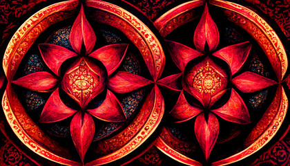 Red amulet, mandala. AI render.