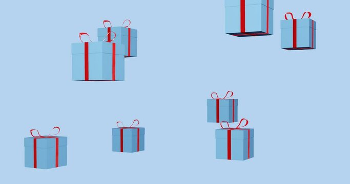 3d render with blue gift boxes with red ribbons with a bow