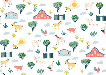 Vector seamless pattern of farm map with farm animals, little houses, tree, sin, horse, pig, goat for kids and children designs.