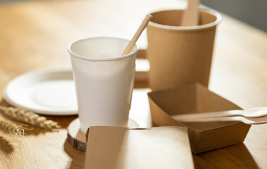 Eco friendly food packaging. Paper recycling zero waste natural products. A box of paper for food disposable catering of nature and recycling concept. Plastic free set on background.
