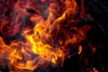 Fototapeta na wymiar Burning fire close up. Bright orange and red flames on a dark background. Open flame heating. Problems with heating and gas.