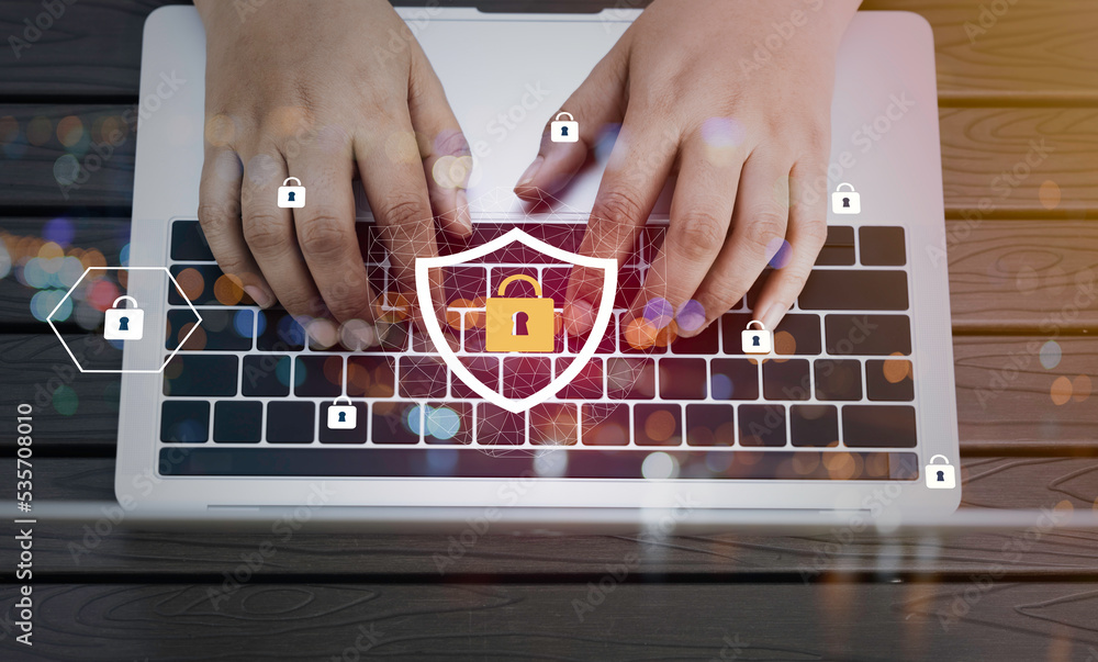 Poster laptop computer with data protection, cyber security, information safety and encryption concept. int