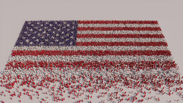 American Flag formed from a Crowd of People. Banner of USA on White.
