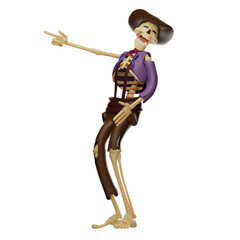 3D illustration. 3D Skull Cowboy character drawing with laughing expression.hand pointing forward. standing in a funny pose. 3D Cartoon Character