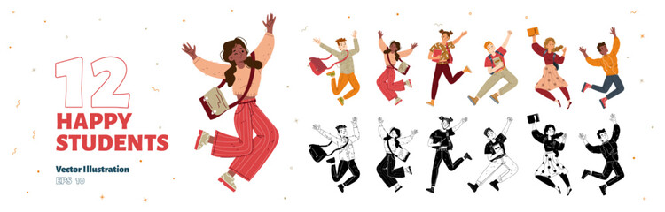 Happy jumping students with bags, backpacks and books. Diverse young people have fun together, joy and jump up isolated on white background, vector hand drawn illustration