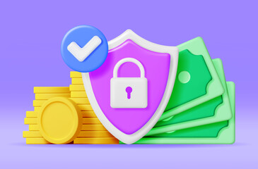 3D Money Cash with Padlock in Shield Isolated. Render Gold Coins, Dollars and Pad Lock. Protect Wallet Icon. Safety, Secure Payments, Financial Security, Money Under Protection. Vector Illustration