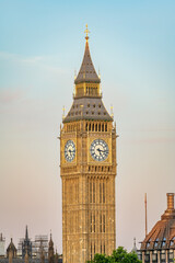 Close up view of Big Ben clock at dawn in London. England