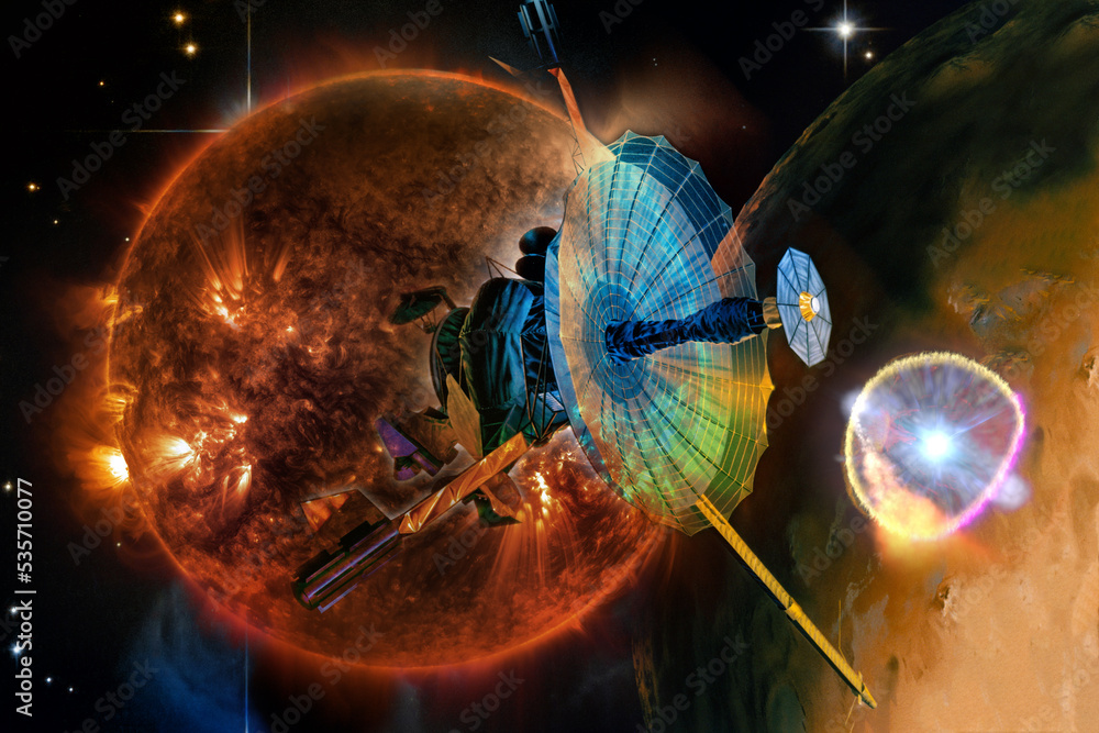 Poster spaceship near a distant star in another galaxy. space exploration concept. elements of this image f