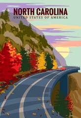 North Carolina travel vintage poster, autumn road, car, mountains. Retro illustration