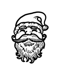 Black and white line drawing of Santa Claus face Christmas celebration