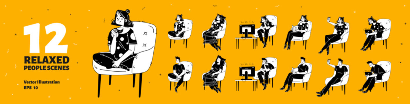 Lazy people relax in chair at home. Man and girl characters sleep, drink coffee, read book, watch tv and take selfie on mobile phone, vector black and white hand drawn illustration