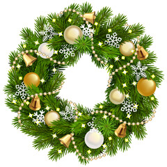 Vector Christmas Fluffy Fir Wreath with Golden Decorations
