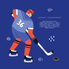 Hockey tournament flyer with a player. Hand drawn vector illustration