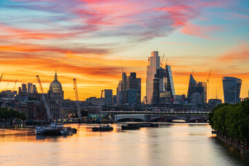 City of London financial district skyline at sunrise. England