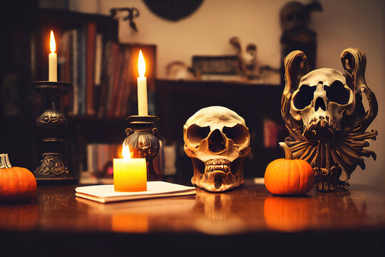 Halloween skull, pumpkin. AI render.
