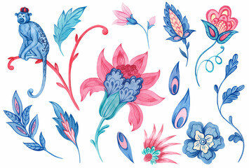 Fototapeta premium Beautiful set with watercolor hand drawn floral elements and monkey painted in old traditional turkish style. Stock clip art illustration.