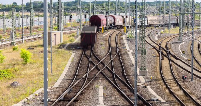 Train shunting yard in 4k. Time lapse of main logistic hub in europe