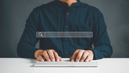 Searching Browsing Internet Data Information with blank search bar.businessman working with computer laptop on desk.SearchEngine Optimization SEO Networking Concept.