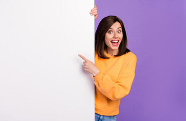 Photo of overjoyed lady stylish sweater arm direct board empty space autumn black friday coming...