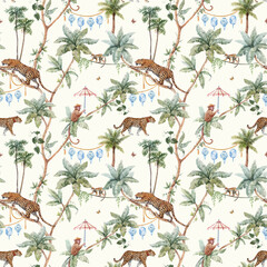 Beautiful tropical seamless pattern with watercolor hand drawn palm trees jaguar monkey with sun umbrella. Stock illustration. © zenina