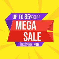 Discount mega sale up to 85 percent red banner with floating ribbon banner for promotions and offers.