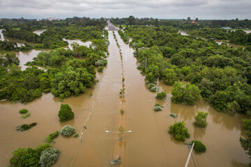 Naklejka premium High angle , high flooded road running through until unable to drive