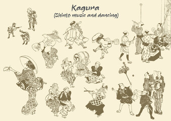 江戸時代　神楽　お祭り　祭り　催事　日本人　侍　武士　農民　商人
