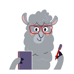 Funny cartoon alpaca has idea and writes in a notebook. Nice lama plans. Vector flat illustration. © Tatiana